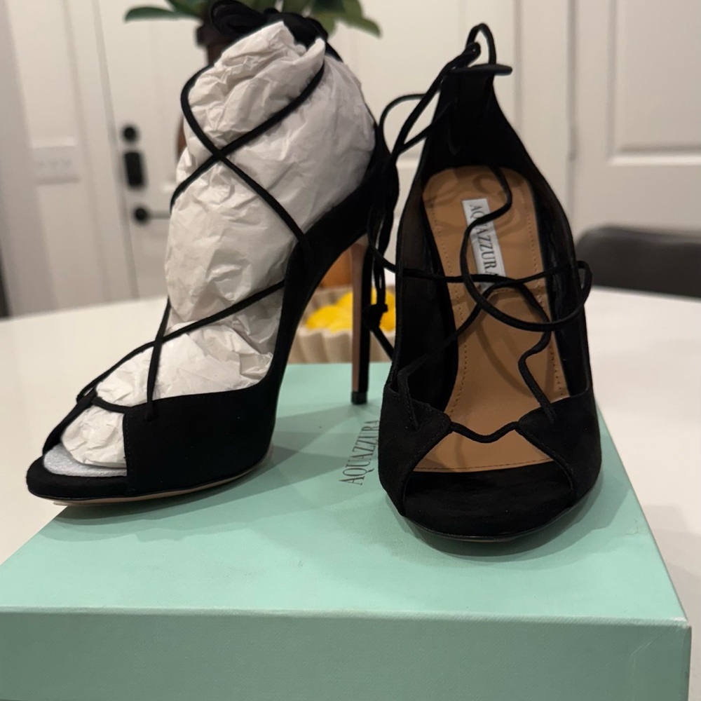 Aquazzura Black Suede Lace-Up Heels